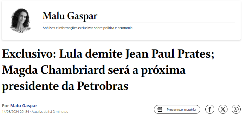 🚨 URGENTE - Lula demite Jean Paul Prates do comando da Petrobras. - Segundo O Globo, Magda Chambriard será a próxima presidente da Estatal.