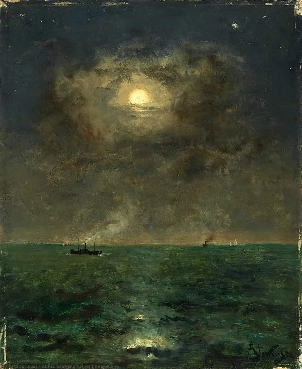 Alfred Stevens. Pintor belga. 1823-1906. Paisaje marino iluminado por la luna.