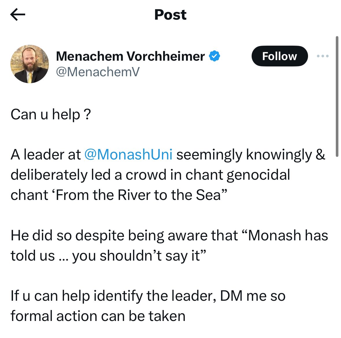 This is a grown man asking for help doxxing a university student for chanting a phrase that he doesn’t like. He wants to ruin a young persons life over speech, that’s how pathetic Zionists are.