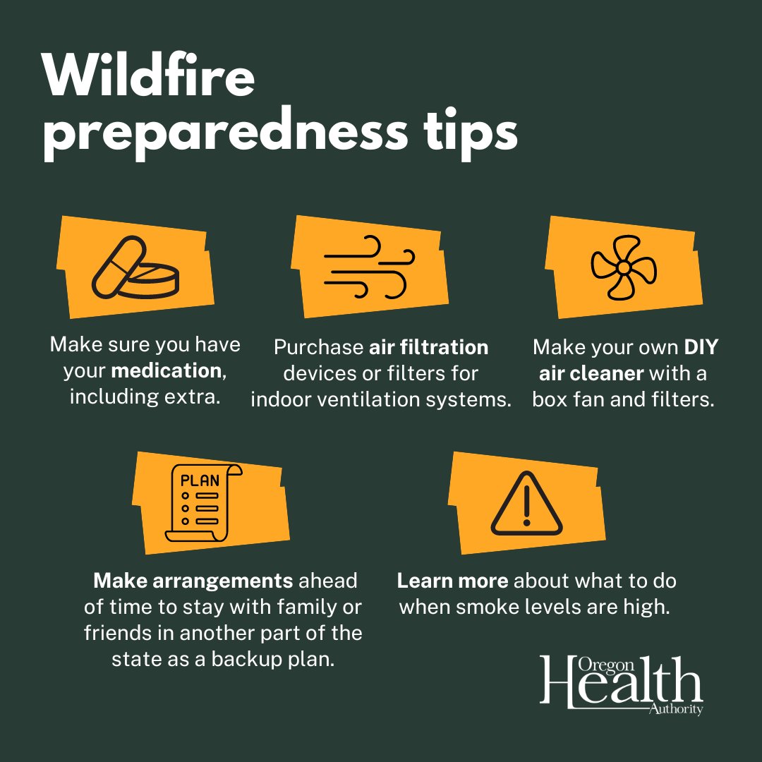 Wildfire Awareness Month: Wildfire season is near. Each year fires and smoke can threaten our homes, communities and health. Here are some preparedness tips you can do to protect yourself and your loved ones this wildfire season. For more info., visit healthoregon.org/wildfires