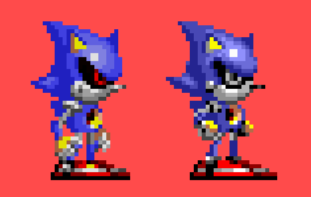 I think??? I can reveal what this is for, but for now I won't. Part of a project. I think this turned out well considering I only referenced a sketchfab model lol #pixelart #SonicTheHedgehog #MetalSonic