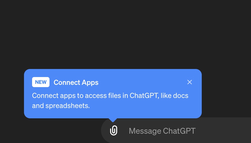 matt_ando's tweet image. Just had this tooltip appear in my ChatGPT interface. Doesn&apos;t seem to do anything yet, but seems like they have some other unannounced things #chatgpt #connectedapps