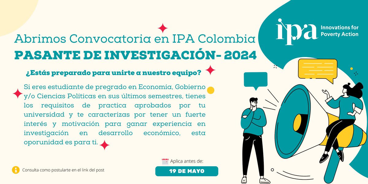🚨Atención estudiantes en Colombia 🇨🇴

Abrimos convocatoria en IPA Colombia, para nuestros nuevos 

✨Practicantes de Investigación ✨

Apliquen acá antes del 19 de mayo: poverty-action.org/research-inter…