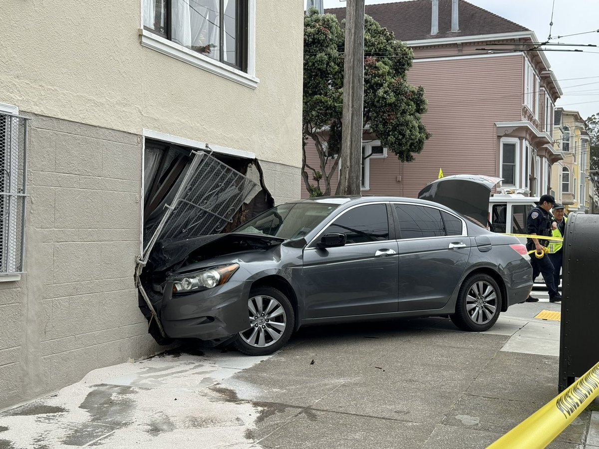 San Francisco: an apparently stolen car barreled down Cabrillo, didn’t stop at any of the stop signs between Park Presidio & 8th Avenue, and crashed into an apartment building in my neighborhood, the Richmond District. Thank goodness no one was killed. This is ridiculous.