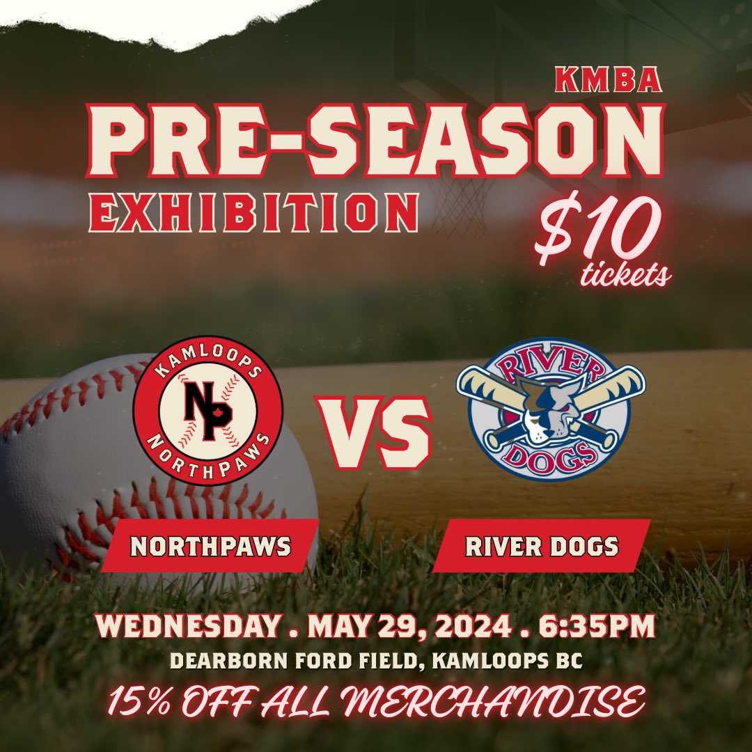 PRE-SEASON EXHIBITION : ⚾️🔥🔥🔥 It's Showtime! Swing into the season as The Northpaws face The RiverDogs in our first game of the year! Mark your calendars for May 29 and snag your tickets for just $10. Plus, gear up and show your pride with 15% off all merchandise!