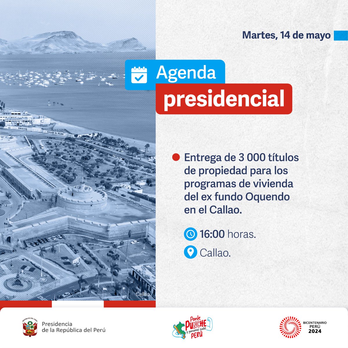 🇵🇪 #AgendaPresidencial | La presidenta Dina Ercilia Boluarte Zegarra participará en la entrega de títulos de propiedad para los programas de vivienda en el #Callao.

#BicentenarioPerú2024 #ConPunchePerú 💪