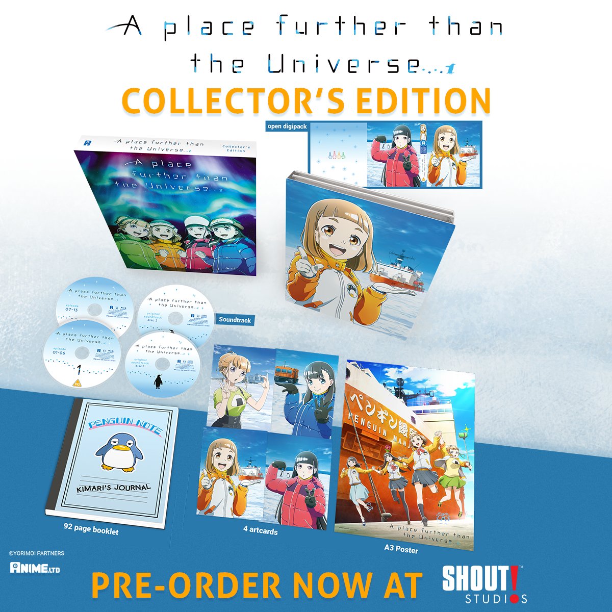 The journey of a lifetime begins for four high school girls in A PLACE FURTHER THAN THE UNIVERSE: THE COMPLETE SERIES. The full collection is available now in our store and from @AllTheAnime featuring a 92-page booklet, 4 art cards, and a poster. shoutfactory.com/products/a-pla…