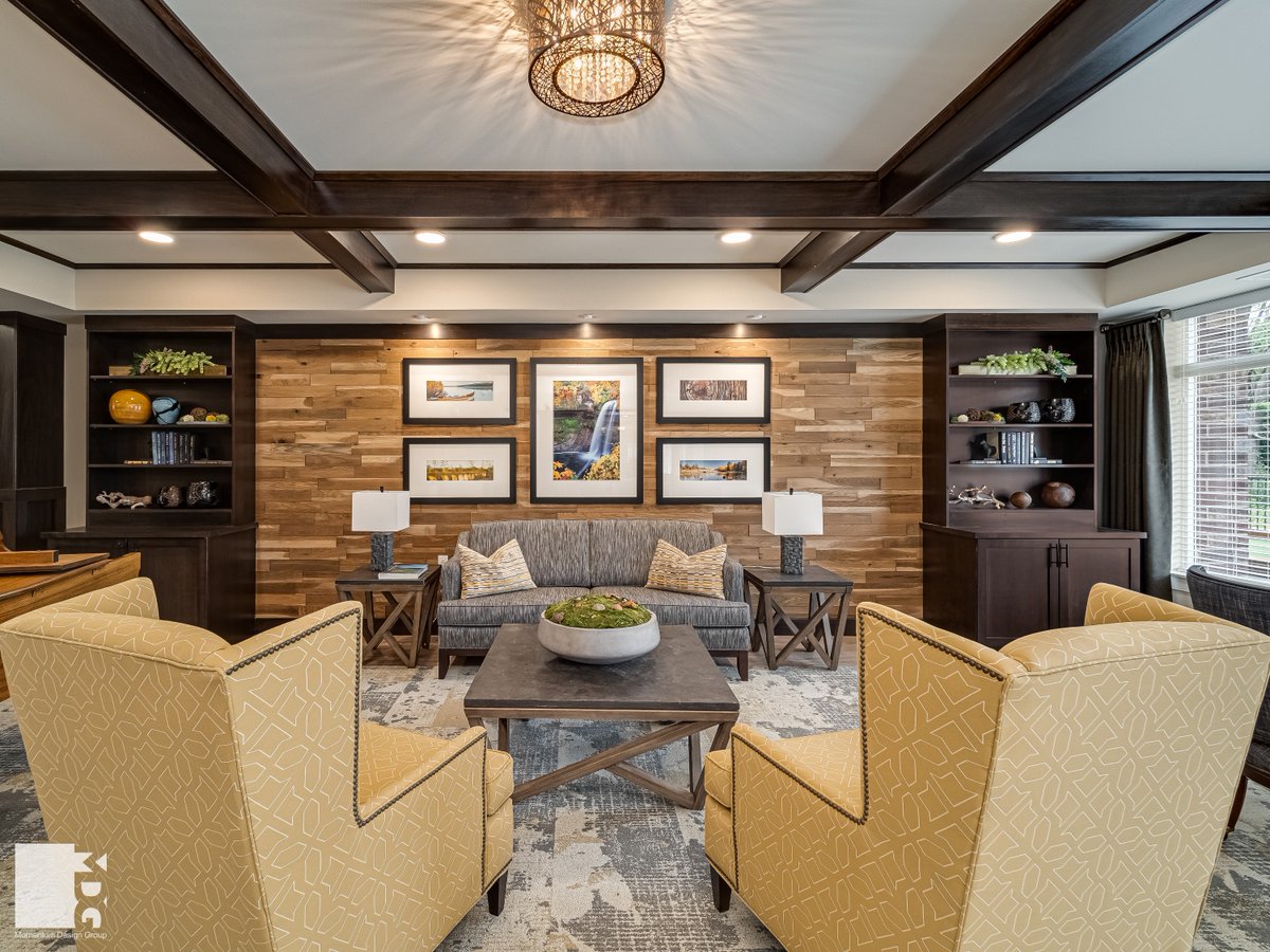 Applewood Pointe Eden Prairie Senior Living offers beautiful amenity spaces. The sophisticated yet energetic materials used in this library lounge create an invigorating atmosphere for its residents.

#mdginteriordesign #interiordesign #mdginteriors #design #architecture #mdgarch