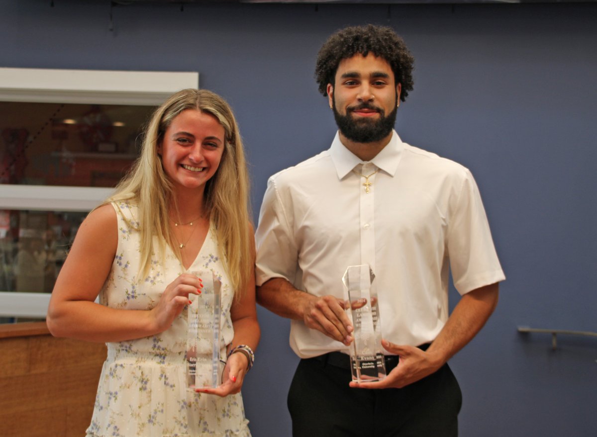 Cam Evans (basketball) and Erin Storrer (tennis) represent as Clyde Lamb Award winners at the OAC's annual banquet Monday night. Both have been instrumental in recent upticks of their programs. More here on those accomplishments and a special evening. 🌟 otterbeincardinals.com/news/2024/5/14…