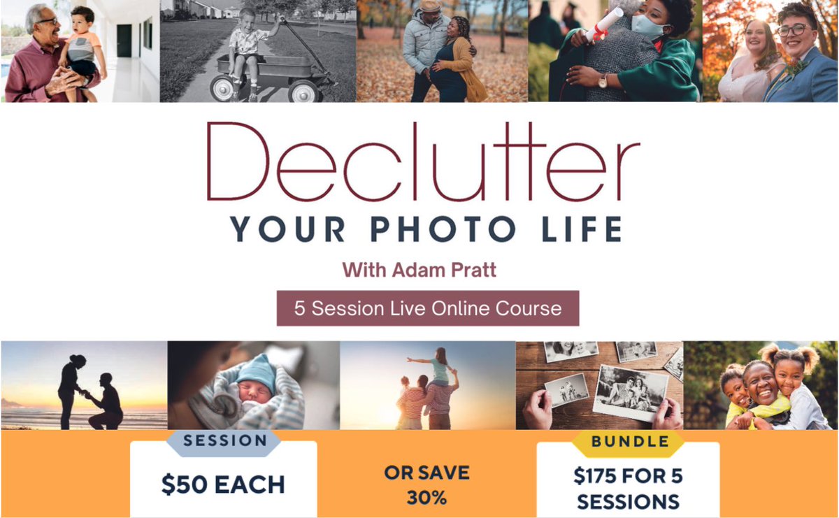 Are you overwhelmed by too many photos? Not sure where to start? Join professional photo organizer and author Adam Pratt for his live, 5-session online course starting on Tuesday May 28th!

Individual sessions are $50

Find out more here: rockynook.com/declutter-cour…