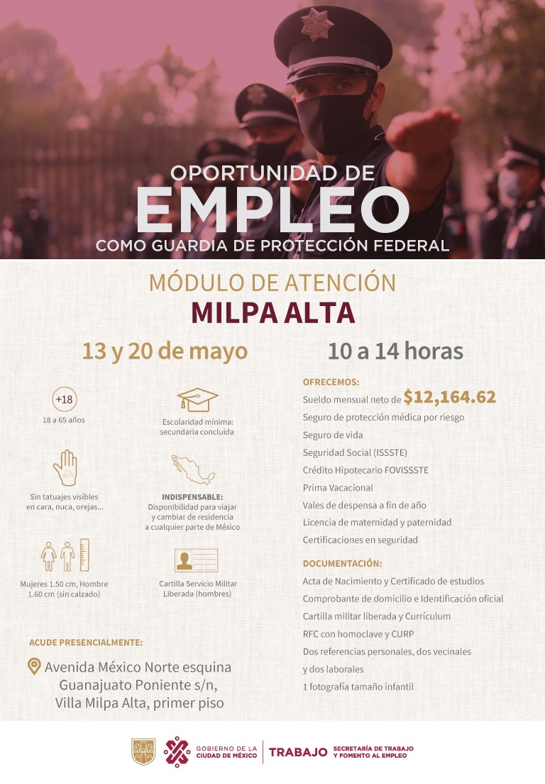 El día 20 de mayo se realizará reclutamiento presencial en Milpa Alta para reclutar guardias federales para el @spf_sspc. 👮🏽‍♀️👮🏽‍♂️🚔 ✅ Avenida México Norte, esquina Guanajuato Poniente s/n, Villa Milpa Alta 🕐 10 a 14 horas #TrabajoEnLaCiudad