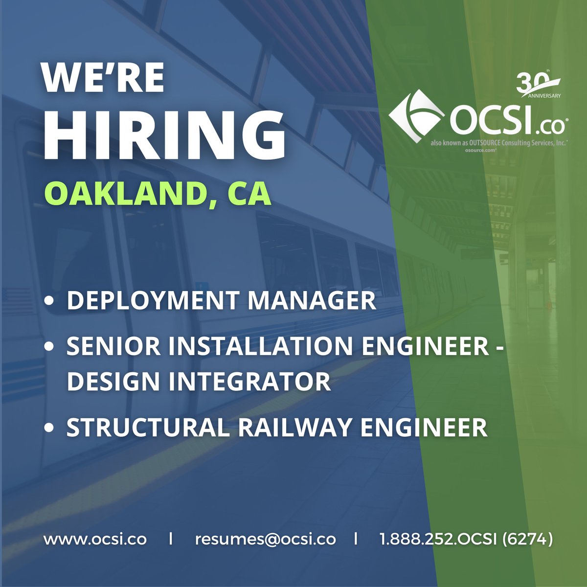 #Hiring Rail Engineering and Management Professionals to support a CBTC project in Oakland, CA. Please visit our website to learn more and apply: ocsi.co/job-seekers/.

#OCSIcoJobs #hiring #OaklandJobs #RailJobs #jobsinrail #structuralengineer #electricalengineeringjobs #Jobs