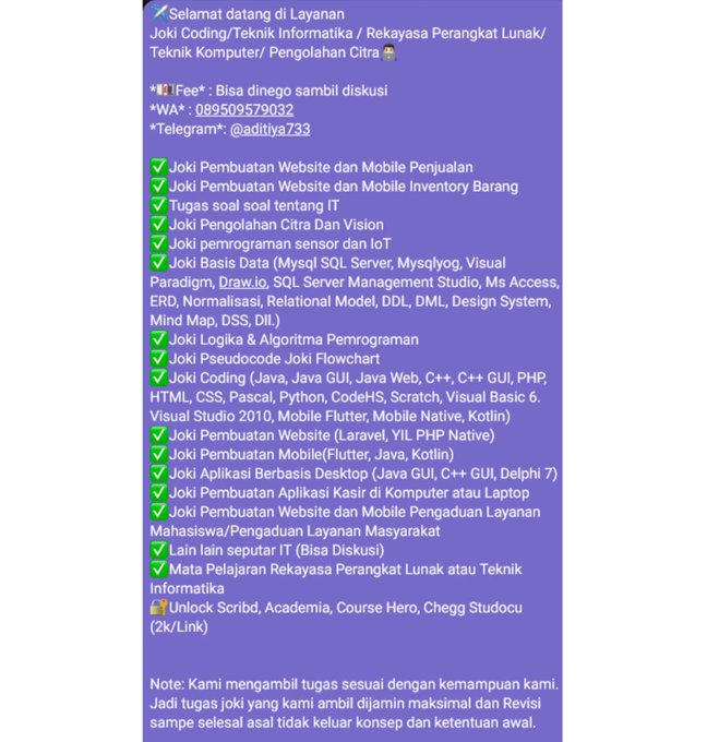 Joki Coding, Web,Mob, Dekstop, Java,dll🧑‍💻 📷 C++, JavaScript, Java, HTML, CSS, Matlab, Hosting,Domain, IoT  BasisData (Mysql, Pseudocode, Flowchart, ERD, Firebase)
#jokicoding #jokiwebsite #zonauang #jokitugaskuliah #jokimatlab #jokimobile #jokitugas #jokitugasmurah #zonajoki