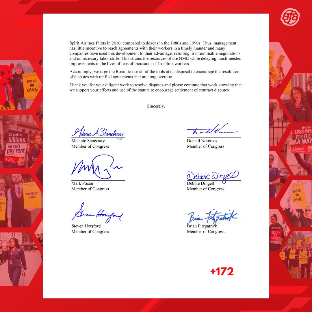 BREAKING: 178 Members of Congress, led by @rep_stansbury, sign on to congressional letter to the NMB urging the agency to use ALL provisions under the RLA to resolve contract negotiations. Read the letter & stmt: afacwa.org/congress_backs…