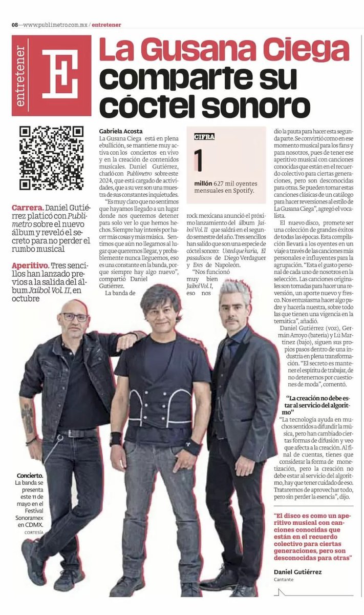 Extra, extra!!📣🗞️ @lagusanaciega platicó con el periódico @PublimetroMX sobre el nuevo álbum de la banda🐛🎶 Link de artículo aquí🔗: publimetro.com.mx/entretenimient…