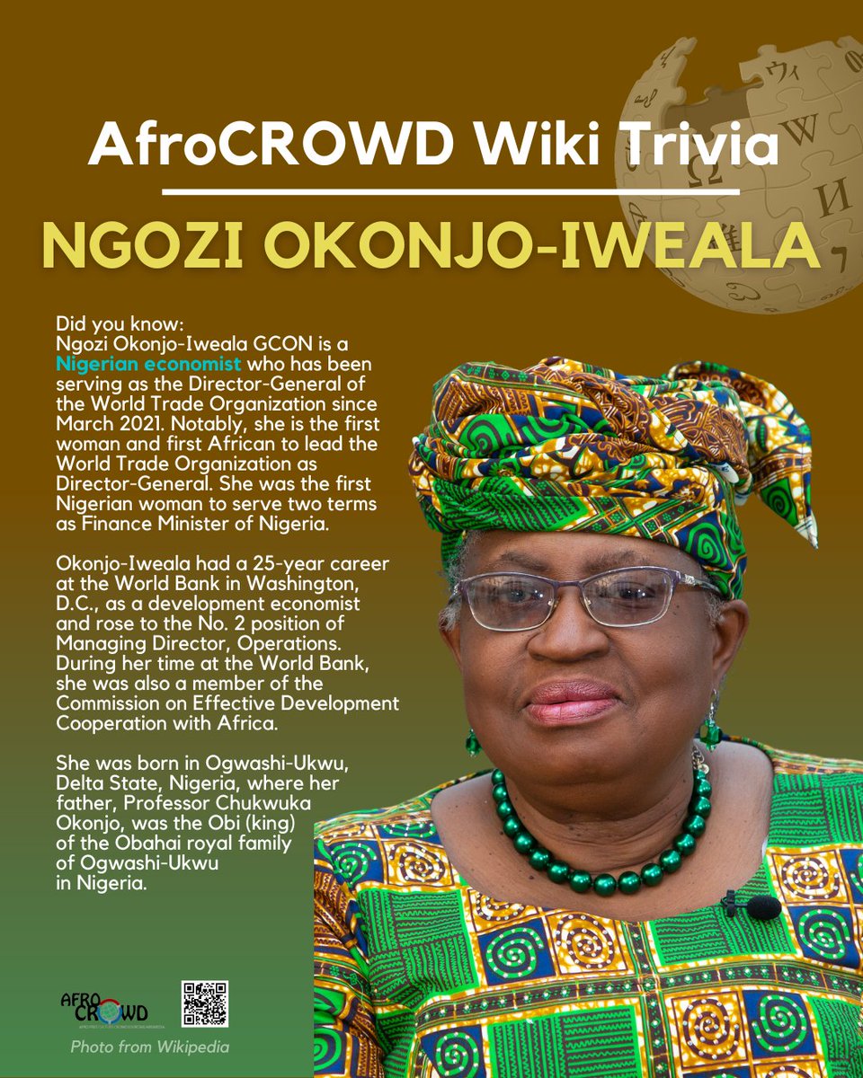 #AfroCROWDWikiTrivia Ngozi Okonjo-Iweala recently welcomed royal couple #Harry and #Meghan to #Nigeria. How is she herself connected to royalty? Answer in the comments if you know it, or check out her #AfroCROWDWikiTrivia card here. More on her #Wikipedia page: