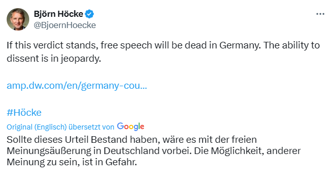 Erste Äußerung von #Höcke zu seinem Urteil. Ich übersetz' mal: 'Wenn man keine Nazi-Parolen mehr rufen darf, gibt es keine Meinungsfreiheit.'