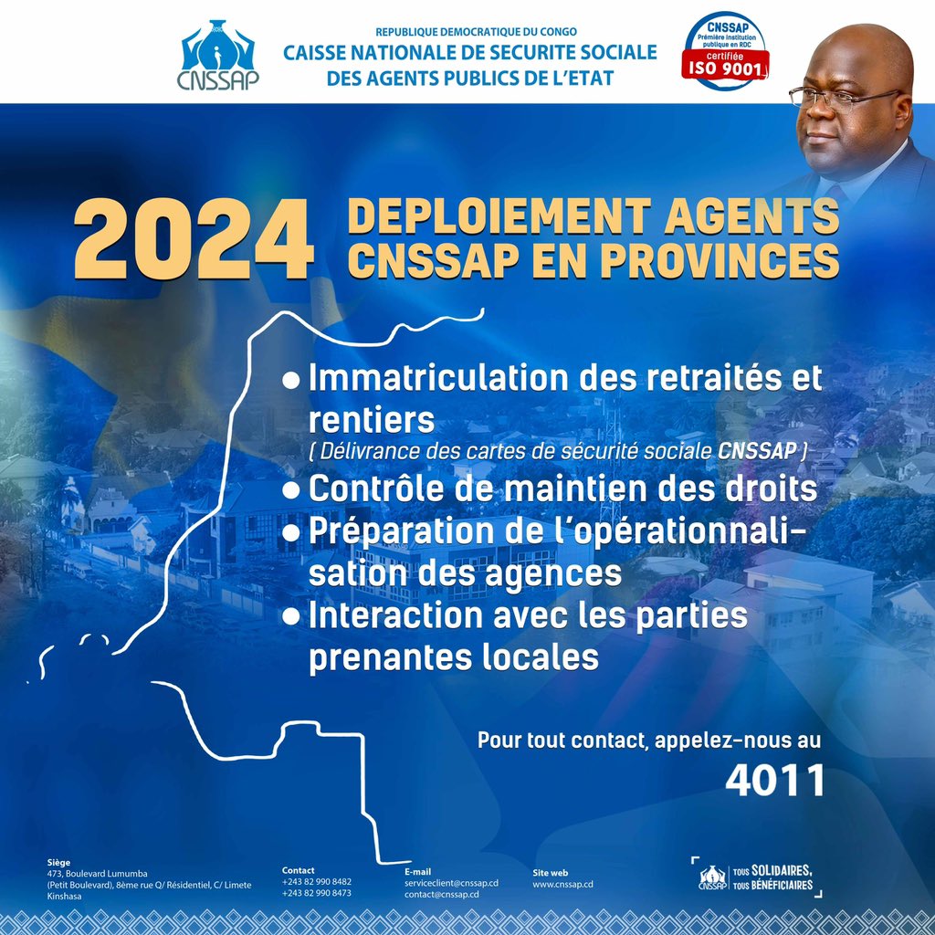 #RDC: ‼️🚨La CNSSAP procède au déploiement des agents en provinces | 
La Direction générale de la 1ère institution publique certifiée ISO 9001 annonce dans un communiqué la présence de ses agents dans les différentes provinces du pays pour organiser les services opérationnels