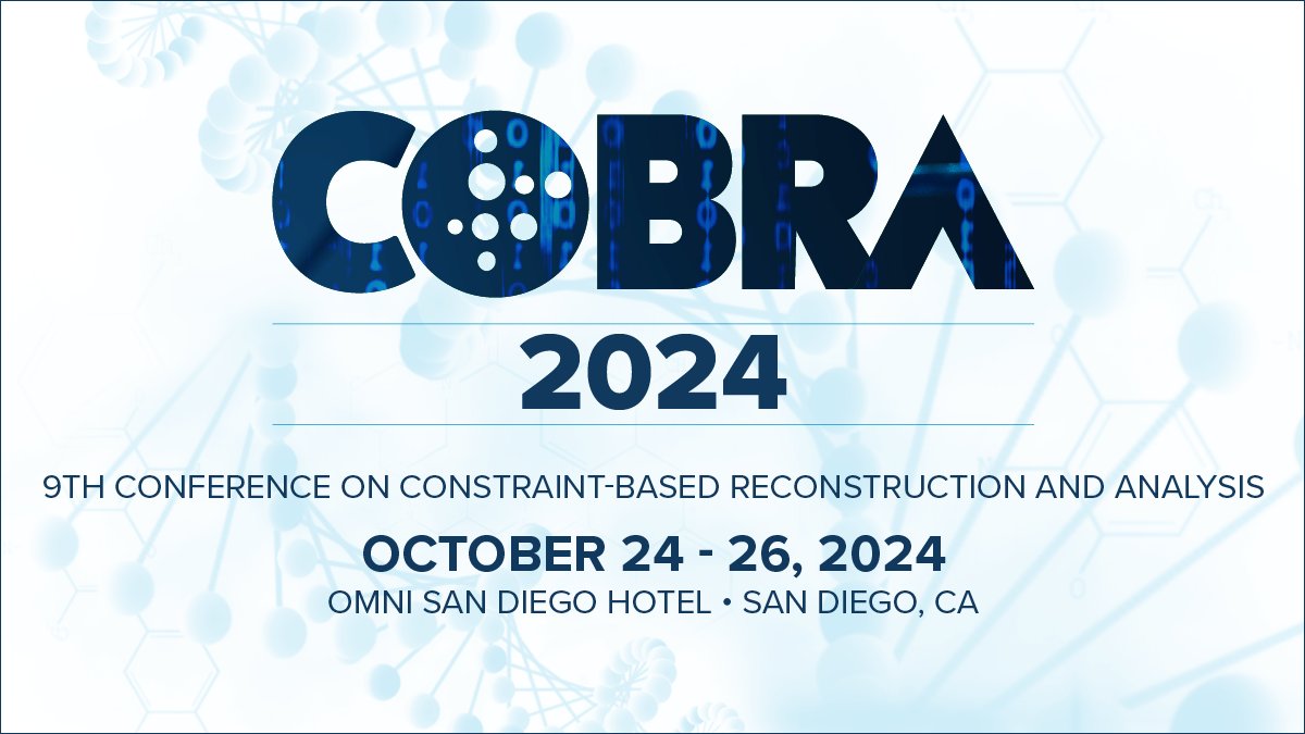 ABSTRACTS FOR #COBRA24 ARE OPEN!
Deadline: June 14, 2024 - bit.ly/44EJmMl

#COBRA24 will be co-located with #Annual2024.

Discuss the latest developments in Constraint-Based Reconstruction & Analysis focusing on 'Integrating Data Analytics in #ComputationalBiology'.