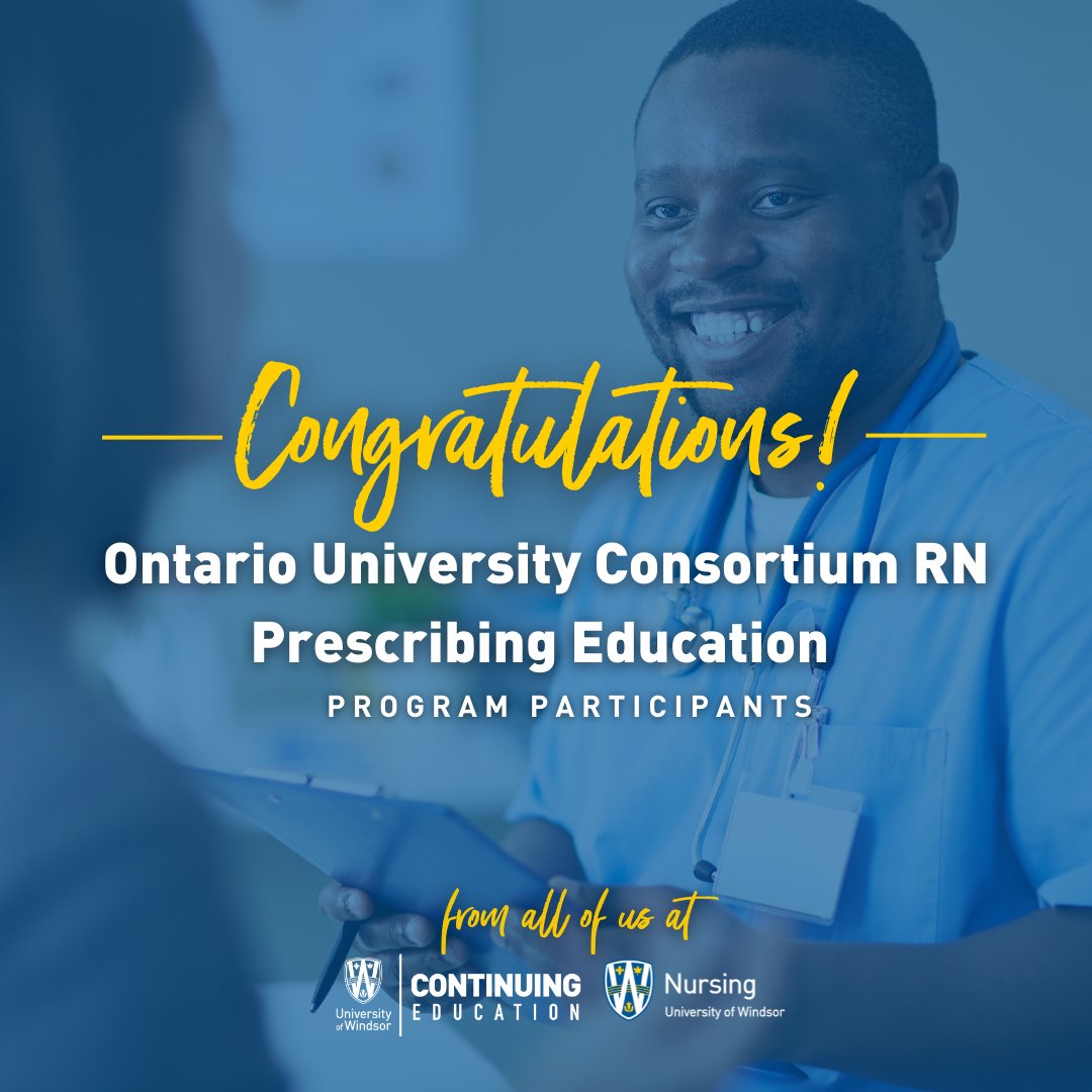 We’d like to congratulate the first group of Registered Nurses on their completion of the Ontario University Consortium RN Prescribing Education program! 💊

Upcoming sections will be announced soon – stay tuned!

@UWinNursing 

#Nursing #UWindsor #ContinuingEducation
