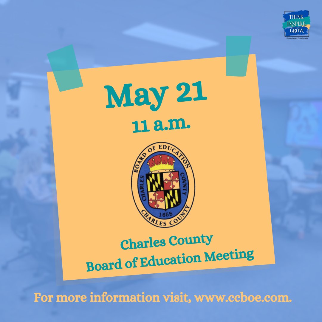 The Board of Education will meet for their regular scheduled Board Meeting on Tues., May 21 at the CCPS Jesse L. Starkey Administration Building in La Plata. The meeting will be streamed live at ccboe.com. Review the meeting agenda here: bit.ly/3wCURat.