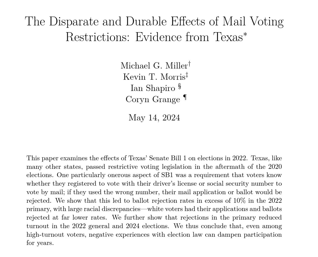 Greetings from LA! Looking forward to sharing a nearly-polished draft of our working paper, 'The Disparate and Durable Effects of Restrictive Mail Voting Policies: Evidence from Texas.' Buckle up for some CRAZY effect sizes 🧵