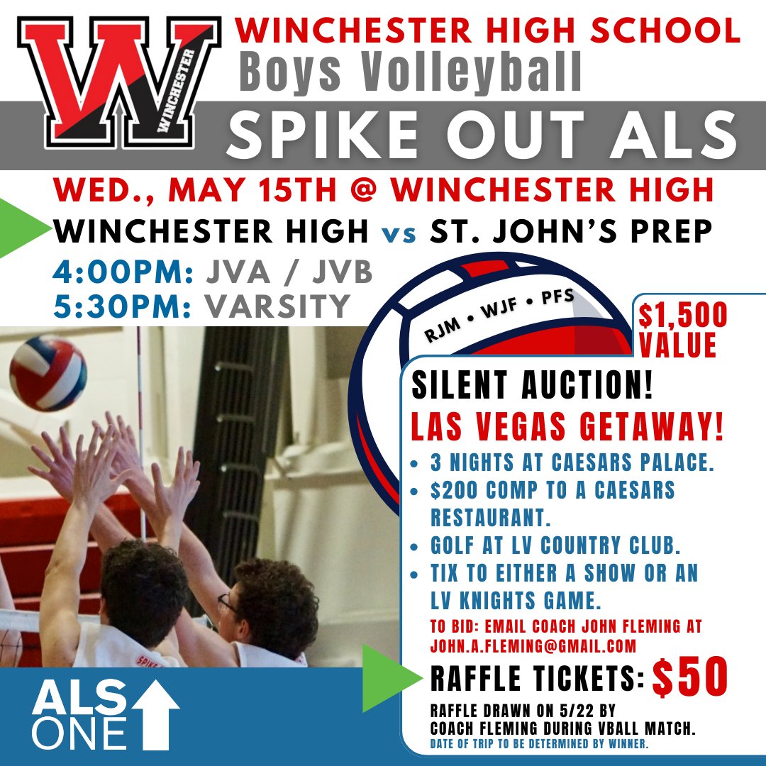 A fantastic raffle item has been added to #SpikeOutALS night at WHS! The big matchups are tomorrow, 5/15 @Winch_Athletics as their Boys’ Volleyball Team’s face St. John’s Prep. JVA & JVB: 4:00pm & Varsity @ 5:30pm. @CoachFleming1 has been hosting this very special (1/3)