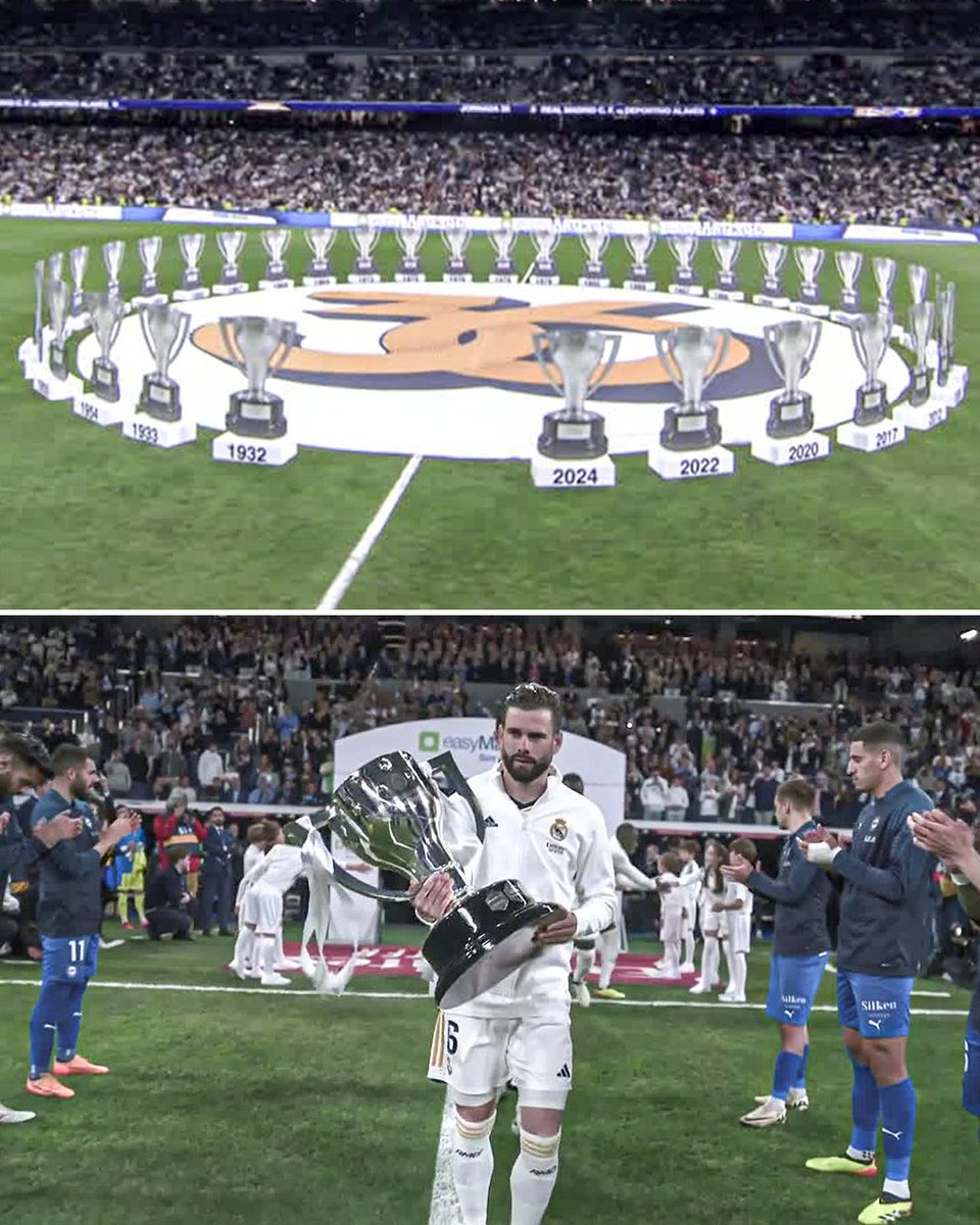 Real Madrid take the pitch with their 36th LALIGA trophy to a guard of honor from the Alaves players. All 36 of their LALIGA trophies are on display in the center of the pitch. Kings of Spain 🇪🇸