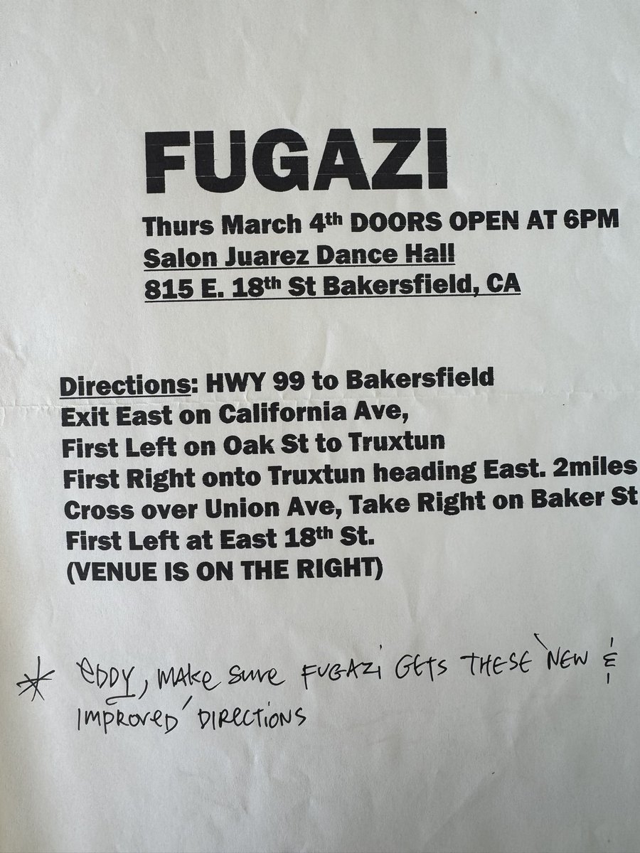 Before GPS & cellphones, a fax from Dischord Records “Eddy, make sure FUGAZI gets these new & improved directions”