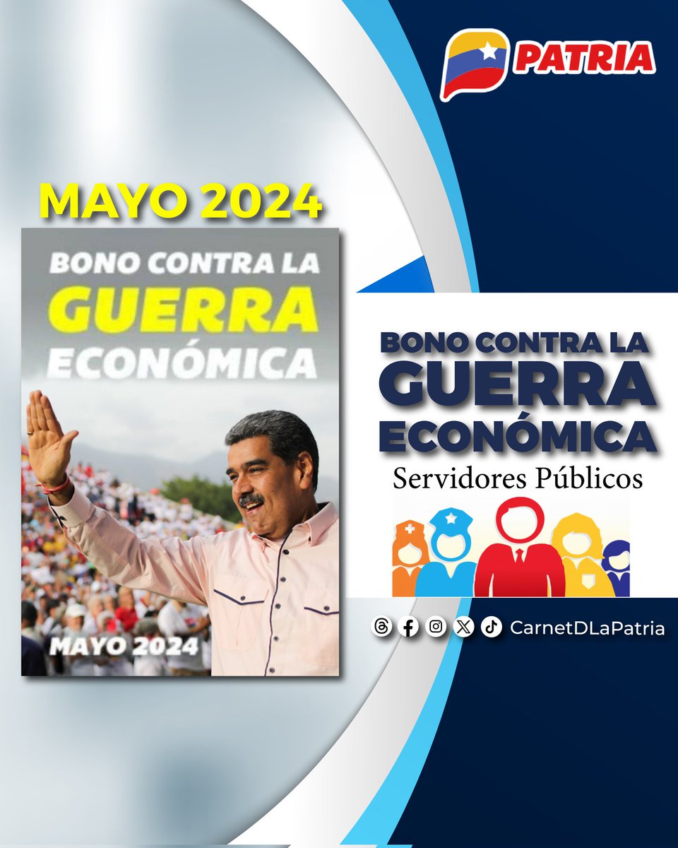 Inicia el pago del #BonoContraLaGuerraEconómica Mayo 2024, aprobado por el presidente @NicolasMaduro.
Este beneficio va dirigido a trabajadores y funcionari@s públicos, como parte del esfuerzo para proteger el bienestar social del pueblo.

#VenezuelaVaPaArriba #14May