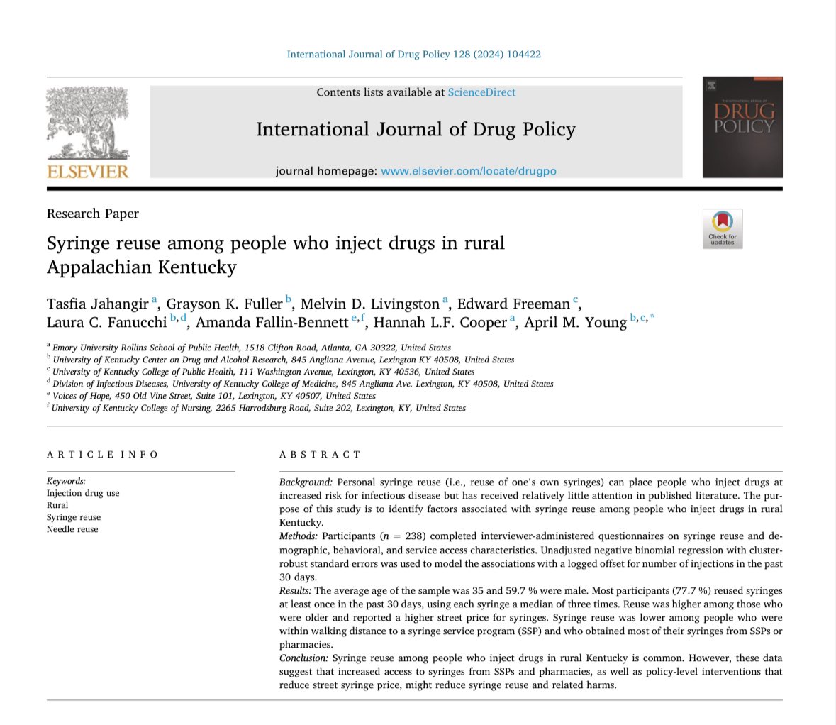 “Syringe reuse among people who inject drugs in rural Appalachian Kentucky” by Tasfia Jahangir et al (2024) via @ijdrugpolicy…why are people against syringe services? It forces people to reuse unsafe syringes.

Link: sciencedirect.com/science/articl…

#HarmReduction