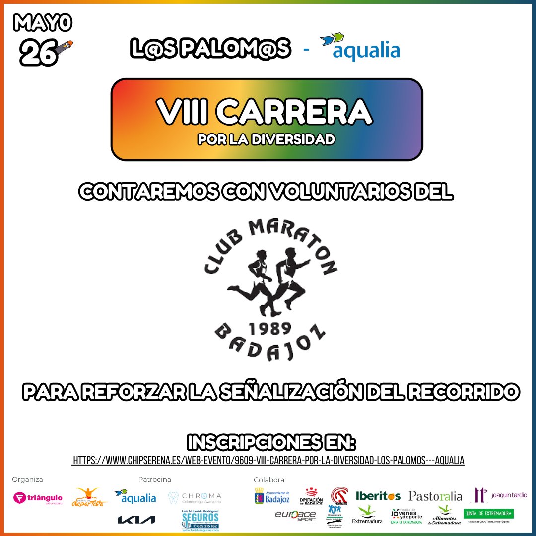 En la VIII Carrera por la Diversidad L@s Palom@s - Aqualia contaremos con voluntarios del Club de Maratón Badajoz para reforzar la señalización a lo largo del recorrido 🤝

Venta de dorsales 👉 chipserena.es/web-evento/960…

#patrocinaundeportista #patrocina1depor #p1d