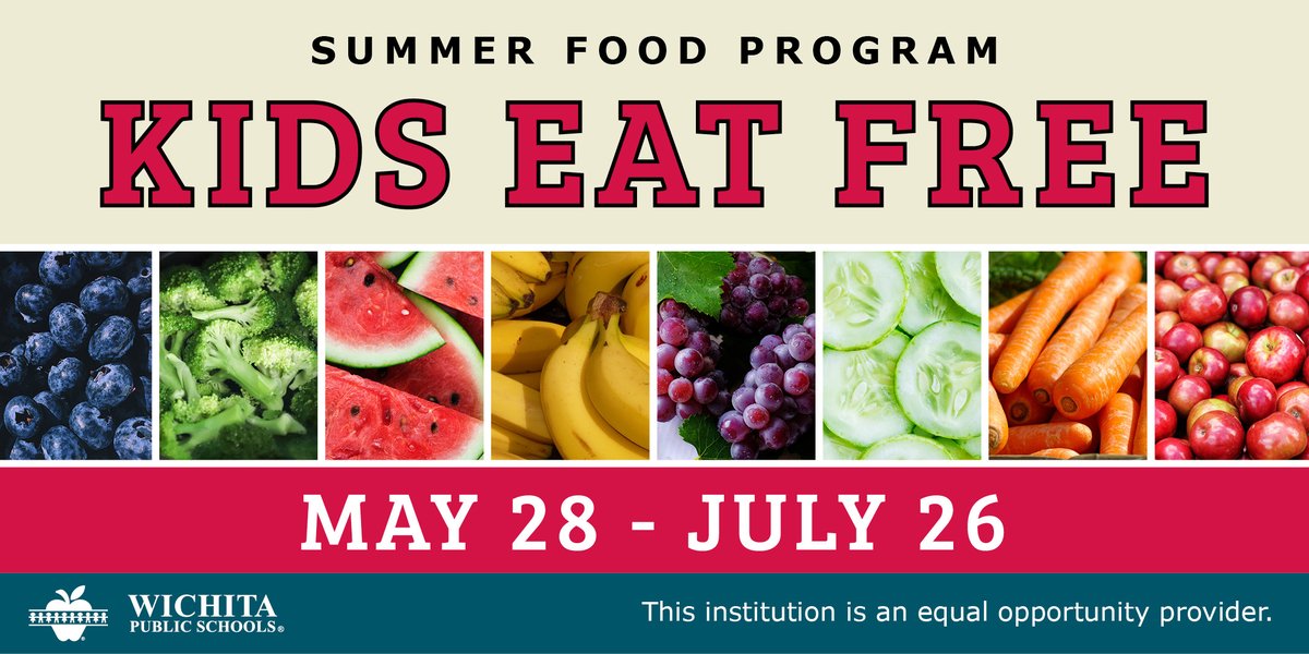 Free breakfasts and lunches will be offered to all children 18 years old and younger at 34 locations as part of our Summer Food Program, which runs Tuesday, May 28, through Friday, July 26. Learn more at usd259.org/summerfood.