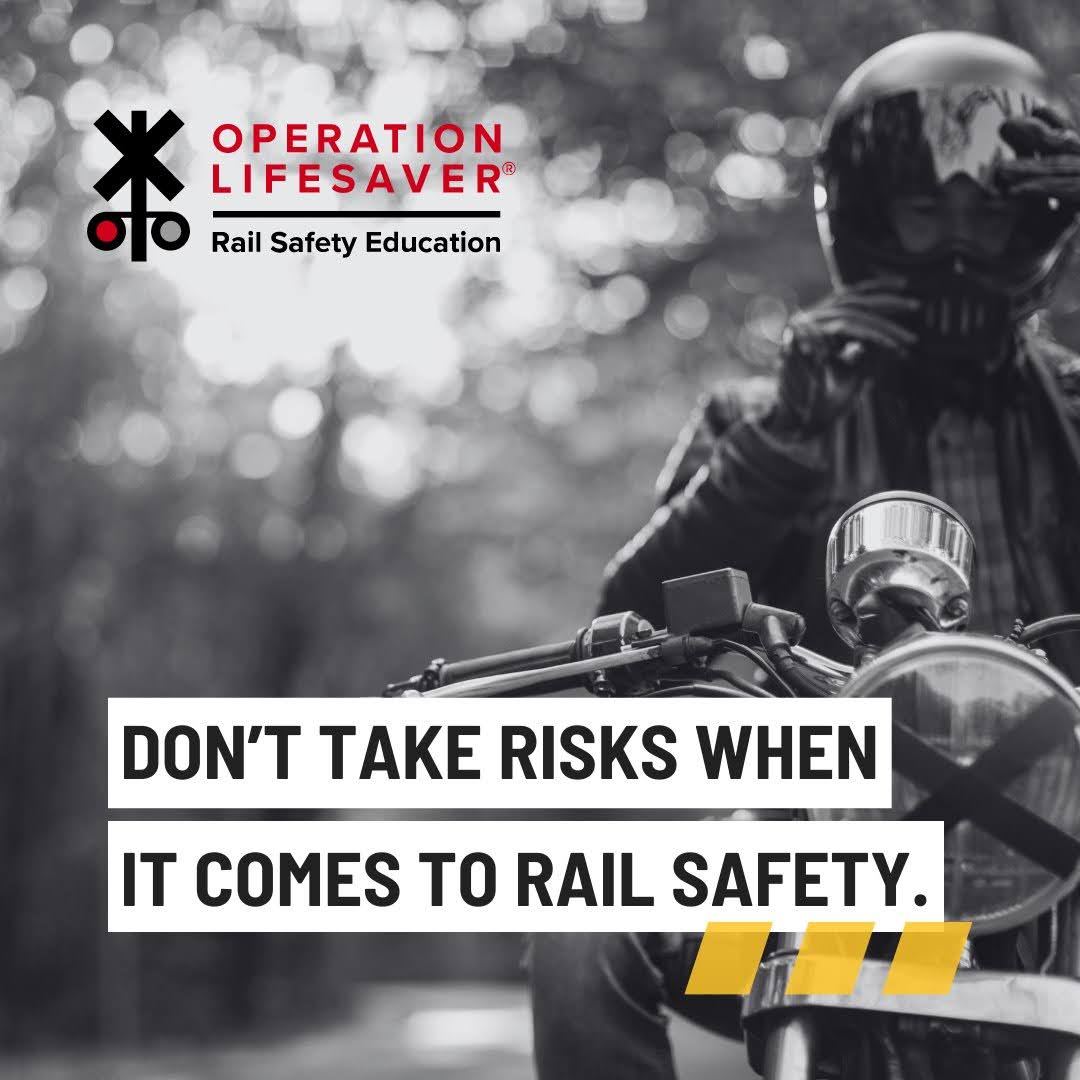 Motorcyclists, this #MotorcycleSafetyAwarenessMonth and every month, remember to make safe choices around tracks and trains. Never try to beat a train! #RailSafetyEducation #MotorcycleSafety