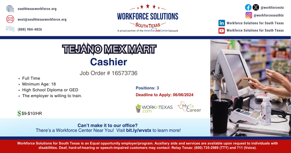 WorkInTexas - Job Listing (Cashier) tinyurl.com/2bzkcsn8 

#cashier #morejobs #jobsnow