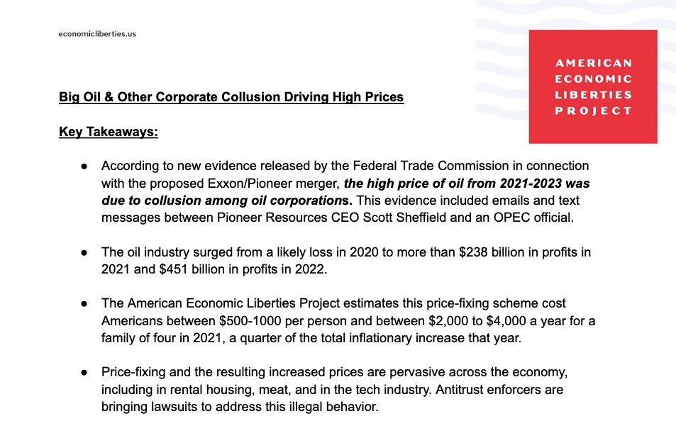 🚨ICYMI: @FTC released evidence confirming the high price of oil from 2021-2023 was due to collusion between US producers and OPEC. This HUGE conspiracy cost each American $500-1000 per year, according to our estimates. Our new factsheet breaks it down.👇 economicliberties.us/wp-content/upl…
