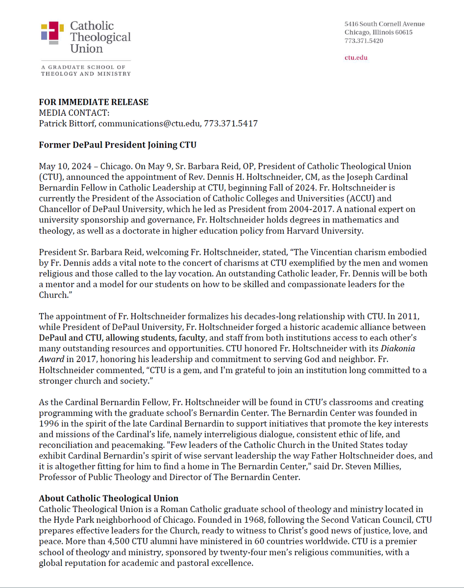 We're very happy to share this news that Dennis Holtschneider, CM <a href="/CatholicHighrEd/">ACCU</a> <a href="/DePaulU/">DePaul University</a> is joining us <a href="/ChicagoCTU/">Catholic Theological Union</a> as the Joseph Cardinal Bernardin Fellow in #Catholic Leadership.

Watch here for news about his work with us starting in the fall.