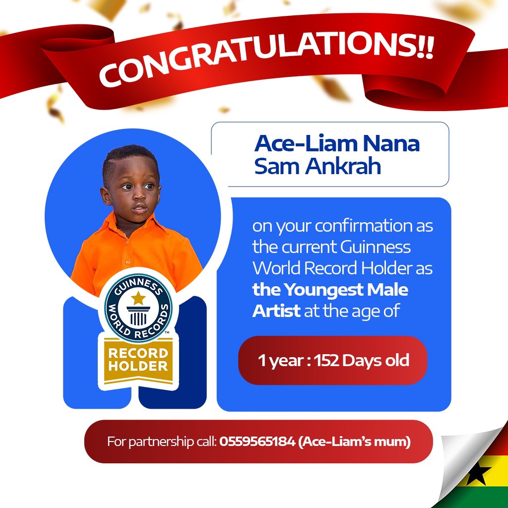 My son Ace Liam is officially the @GWR Title holder as the Youngest Artist. 
Thank you Ghana 🇬🇭 for your support in making this possible.

#guinessworldrecord #worldrecord #young #artist #youngestartist