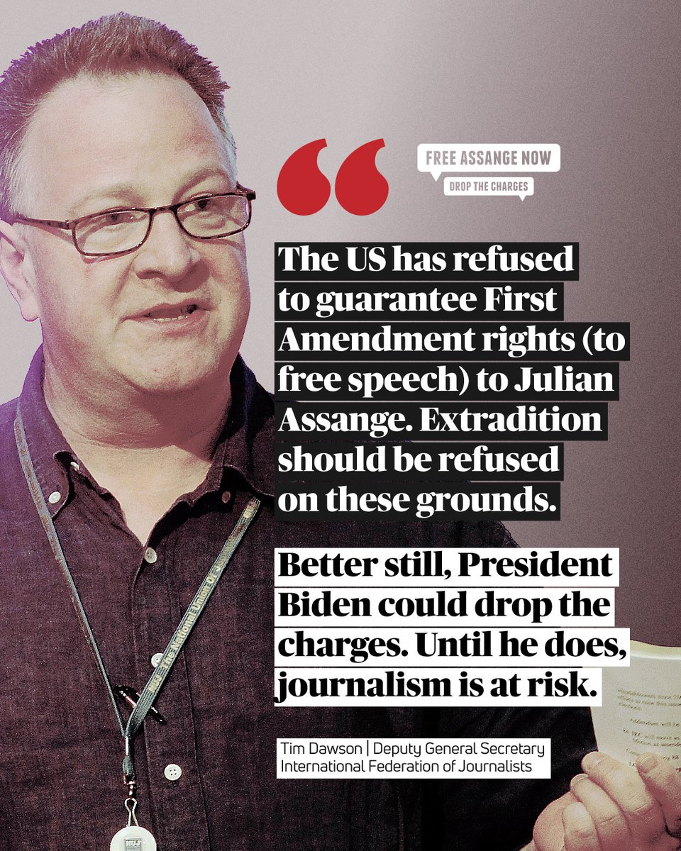 'The US has refused to guarantee First Amendment rights (to free speech) to Julian Assange. Extradition should be refused on these grounds. Better still, President Biden could drop the charges. Until he does, journalism is at risk.'—@TimDawsn #FreeAssangeNOW #LetHimGoJoe