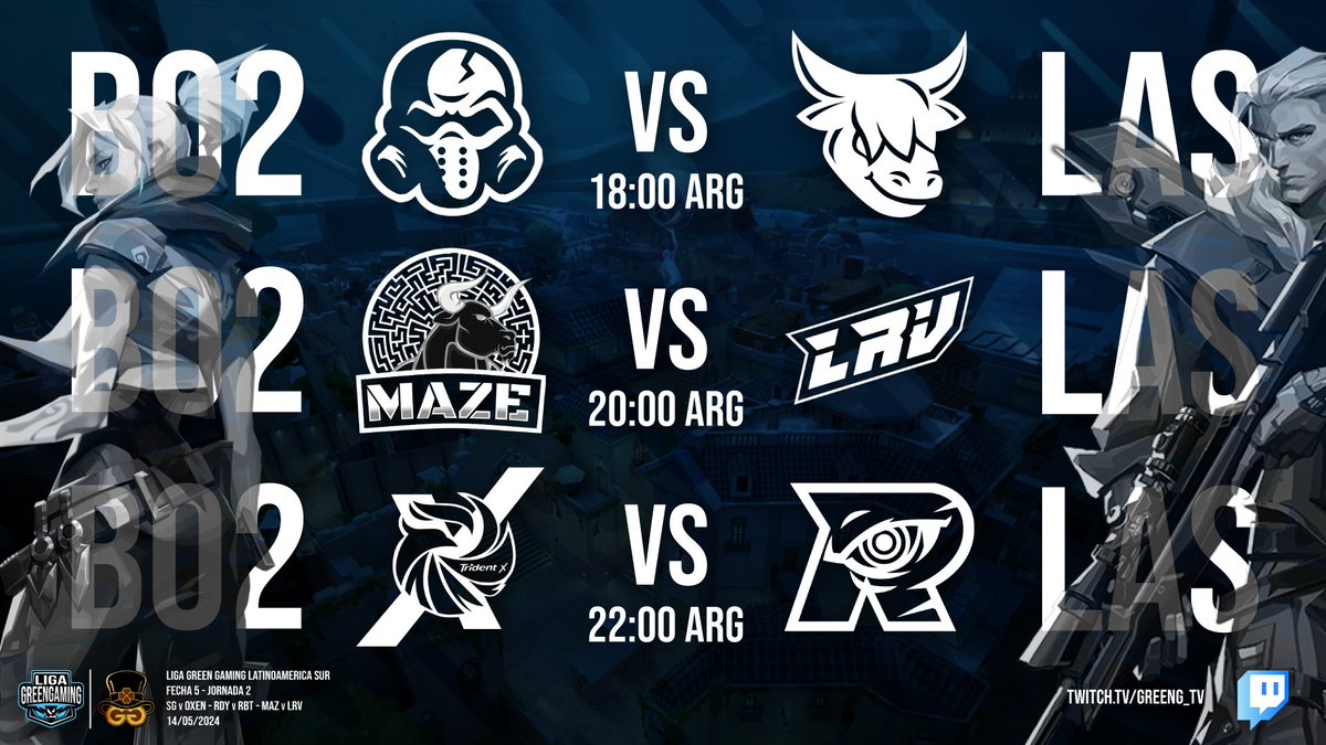 🔵Hoy tenemos 2° jornada Fecha 5 d #LigaGreenGamingLAS🔵

1° partido: <a href="/Team_SMOG_/">SMOG 🇲🇽</a> vs <a href="/oxenlatam/">OXEN</a> 
18:00🇦🇷 17:00🇨🇱 16:00🇵🇪
-----------------------------------------------------
2° partido: <a href="/MazeGamingLA/">Maze Gaming</a>  vs <a href="/LRVEsports/">LRV</a> 
20:00🇦🇷 19:00🇨🇱 18:00🇵🇪