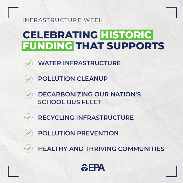 Today, I'm celebrating that the @EPA has now awarded more than $18 billion through @POTUS's Bipartisan Infrastructure Law to American communities to modernize our infrastructure, create good-paying jobs, and combat the climate crisis. #InfrastructureWeek