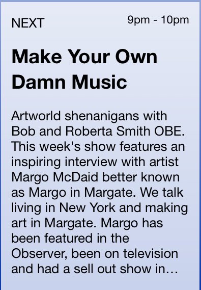 Please do tune in at 9pm for a remarkable interview with a remarkable artist @margoinmargate only on @resonancefm