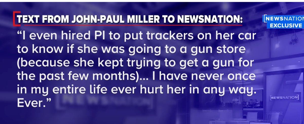 JP Miller told @NewsNation that he hired a PI to put trackers on Mica Miller's car 'to know if she was going to a gun store....' Uh......