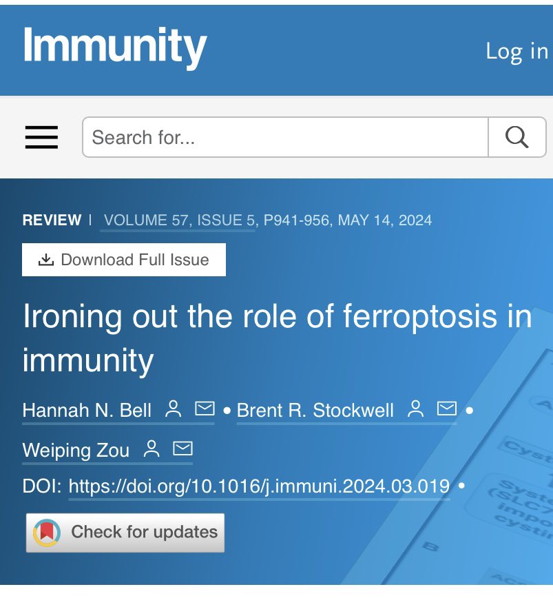 So excited that our review article on the role of ferroptotic cell death in immunity is finally out! Check it out to learn how this iron dependent cell death pathway regulates immune responses in tumors, autoimmunity, infection and homeostasis. <a href="/bstockwell/">Brent Stockwell</a> <a href="/ImmunityCP/">Immunity</a>