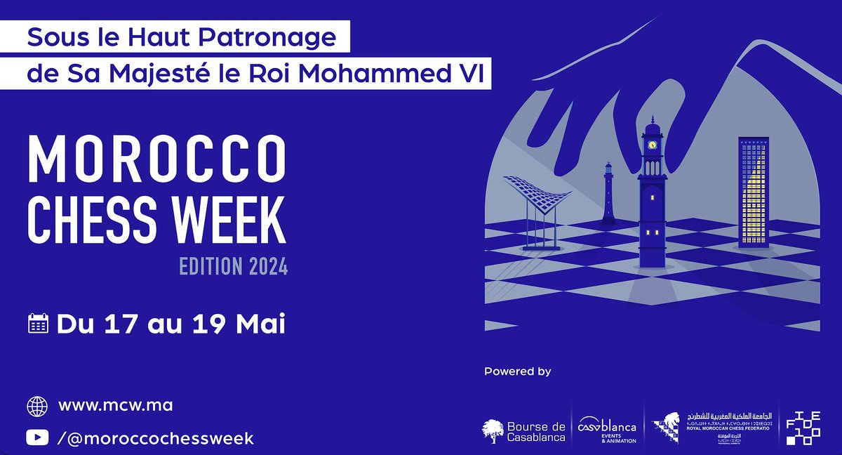 The celebrations for the centenary of FIDE continue in Casablanca with the Morocco Chess Week 2024! The Casablanca Tournament, a simultaneous exhibition with 100 players, along with a torch relay ceremony, and more! #FIDE100

ℹ️ Organized under the High Patronage of His Majesty