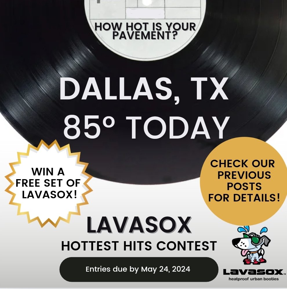 Do you live in or around Dallas, TX? ☀️ HOW HOT IS YOUR PAVEMENT? 🥵 The temperature on your pavement could win you a free set of Lavasox! 🐾 🔥 Record the HOTTEST HIT and WIN a FREE set of Lavasox! 🔥 Can you record the hottest hit? Grab your temperature gun and go!