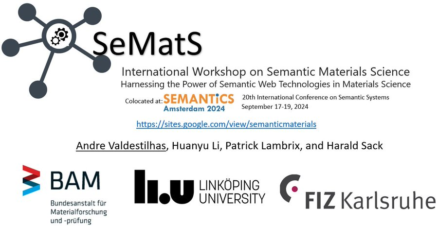 Patrick Lambrix (@liupatla) on Twitter photo One month to go to the deadline (June 14) for SeMats - Semantic Materials Science: Harnessing the Power of Semantic Web.
sites.google.com/view/semanticm…
with <a href="/andvaldestilhas/">Andre Valdestilhas</a> <a href="/HuanYuLi1/">Huanyu Li</a> <a href="/lysander07/">Harald Sack</a> One month to go to the deadline (June 14) for SeMats - Semantic Materials Science: Harnessing the Power of Semantic Web.
sites.google.com/view/semanticm…
with <a href="/andvaldestilhas/">Andre Valdestilhas</a> <a href="/HuanYuLi1/">Huanyu Li</a> <a href="/lysander07/">Harald Sack</a>