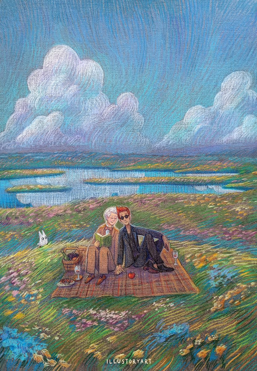 Summer is just around the corner 🌿
With its perfect days, wild grass, light clouds and picnic dates 🧺✨
Another artwork from the upcoming Good Omens artbook 😇
#goodomens #goodomensfanart  #ineffablemay #ineffablemay2024