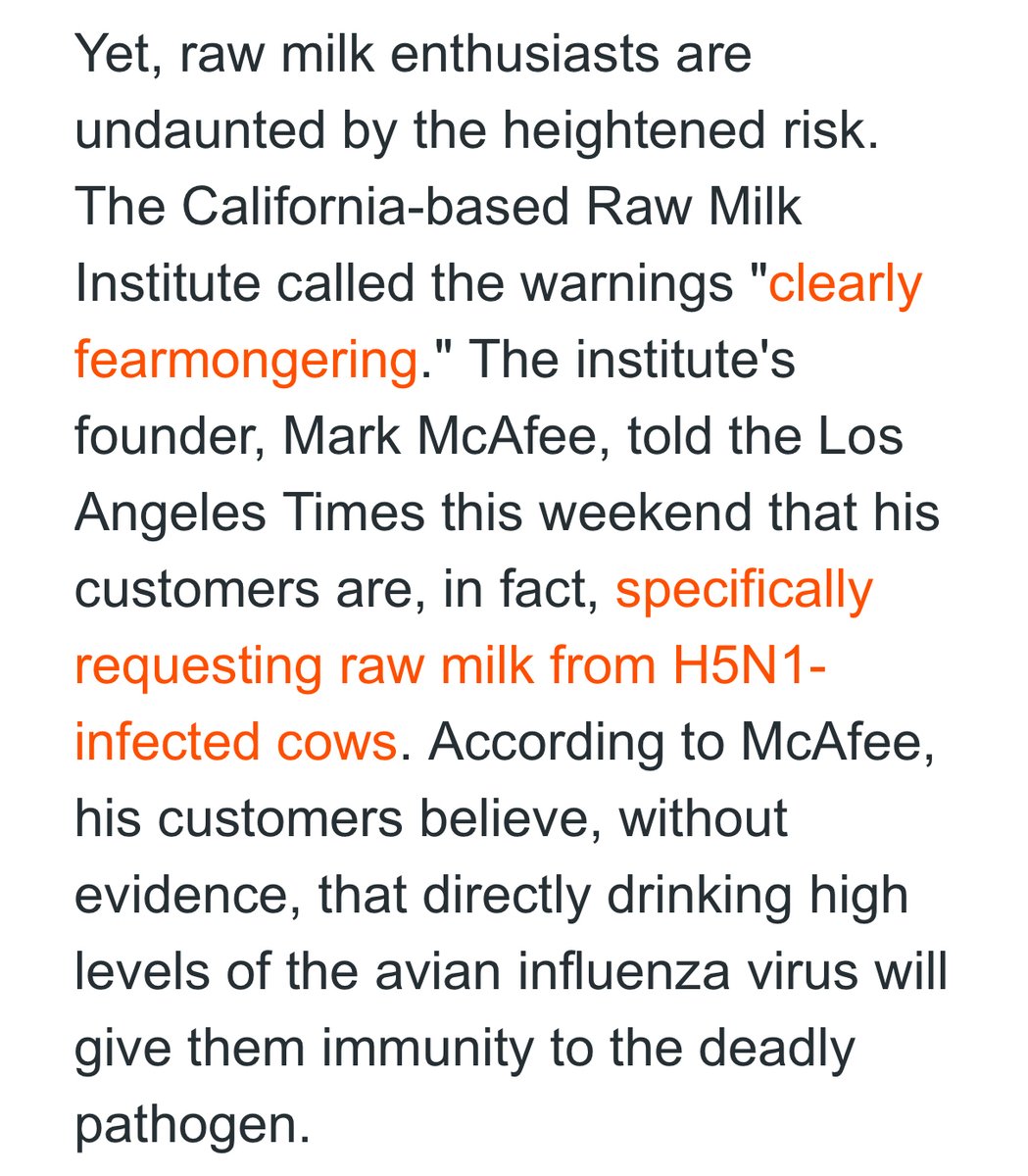 'The Raw Milk Institute called the warnings 'clearly fearmongering.' The institute's founder told the LATimes his customers are specifically requesting raw milk from H5N1-infected cows.' This is an example of how minimizing COVID is destructive to public health far beyond COVID.