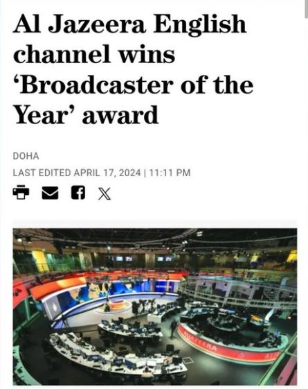 Being thrown out of Israeli is the charm!
Al Jazeera English was named 'Broadcaster of the Year' at the 24 NY Festivals TV & Film Awards for the 8th consecutive year. The channel collected an impressive array of gold, silver & bronze medals for its news & programs coverage.